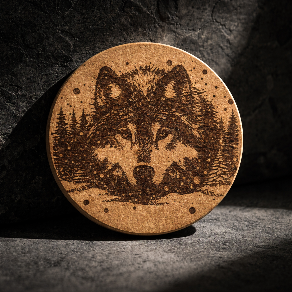 4 inch cork coaster – Wild Wolf 2 - wolf theme