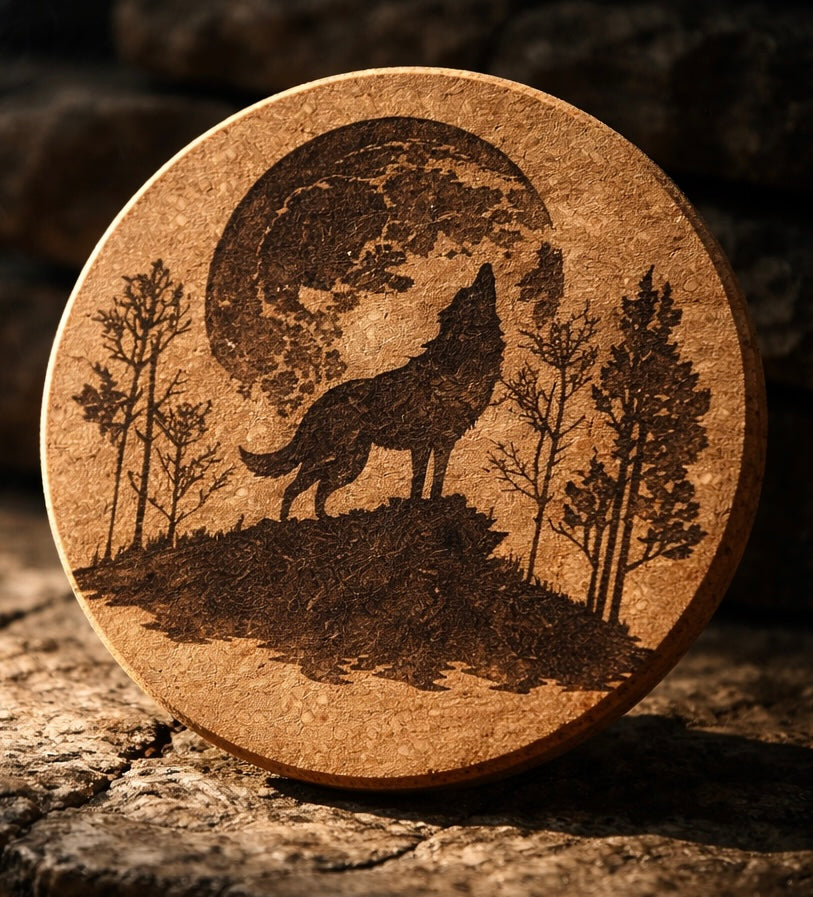 4 inch cork coaster – Wild Wolf 33 - wolf theme