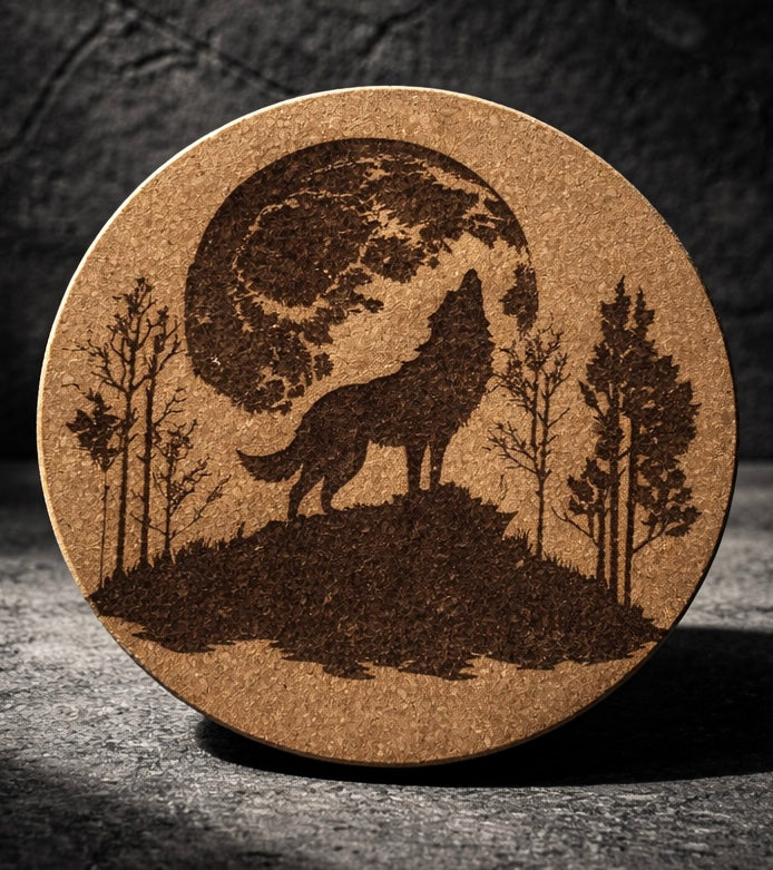 4 inch cork coaster – Wild Wolf 33 - wolf theme