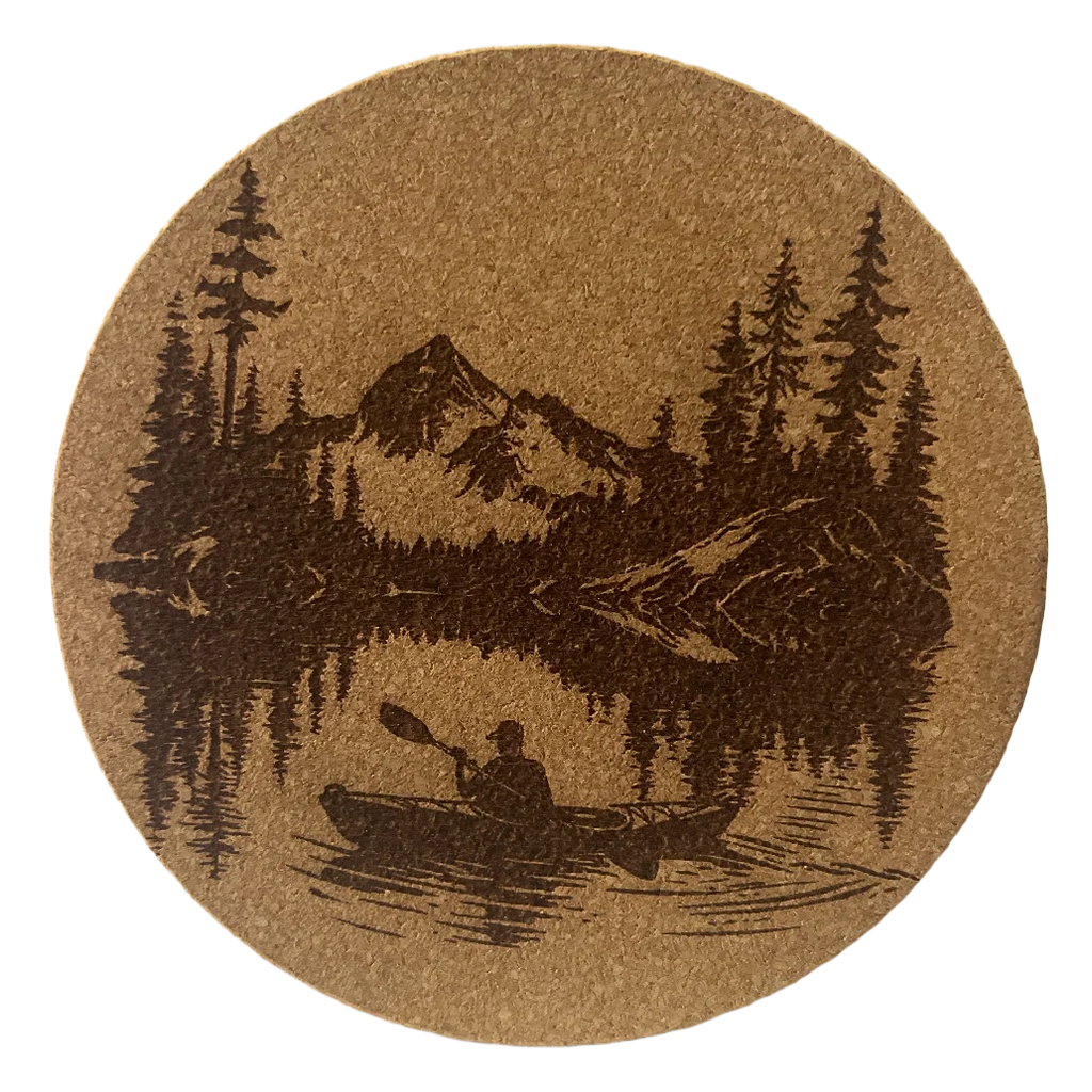 4 inch cork coaster – Mountain Lake canoe surrounded by pine trees 39 - landscape theme