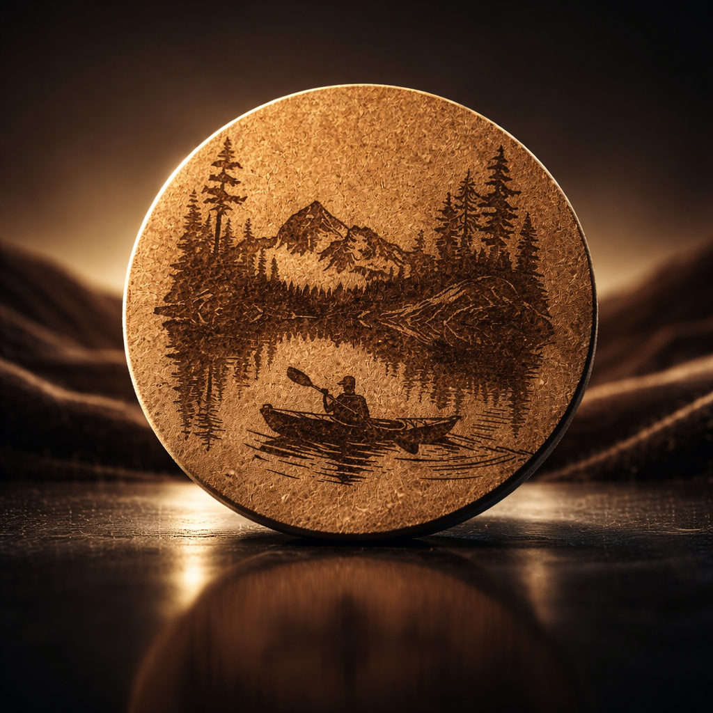 4 inch cork coaster – Mountain Lake canoe surrounded by pine trees 39 - landscape theme