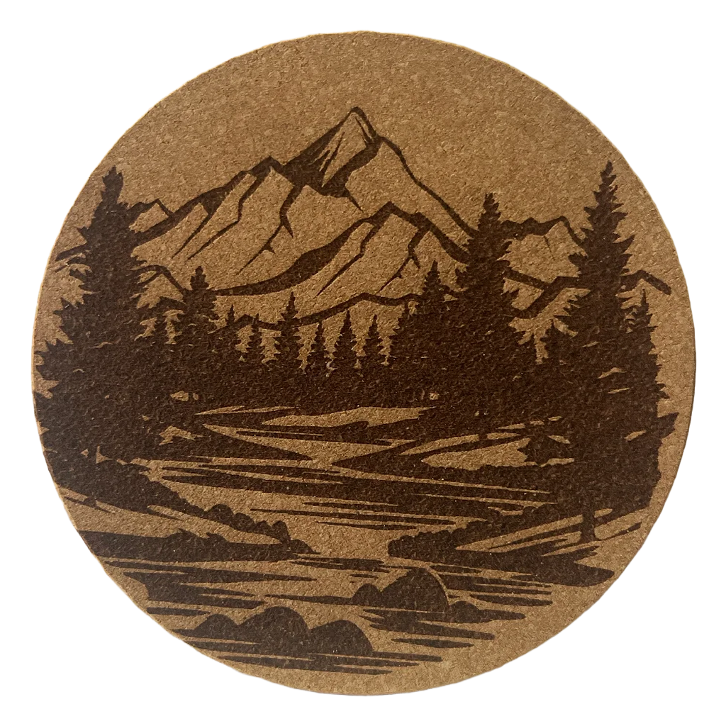 4 inch cork coaster – Mountain stream with pine trees 38 - landscape theme