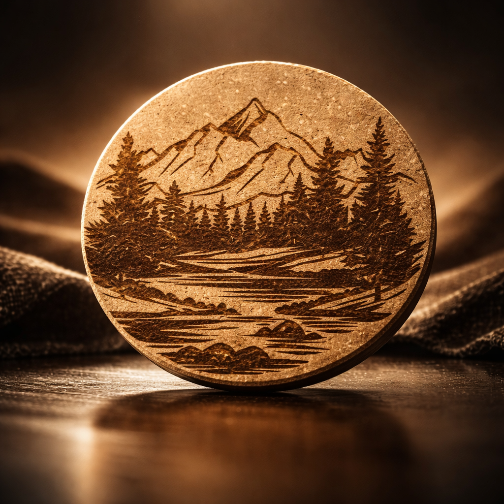 4 inch cork coaster – Mountain stream with pine trees 38 - landscape theme