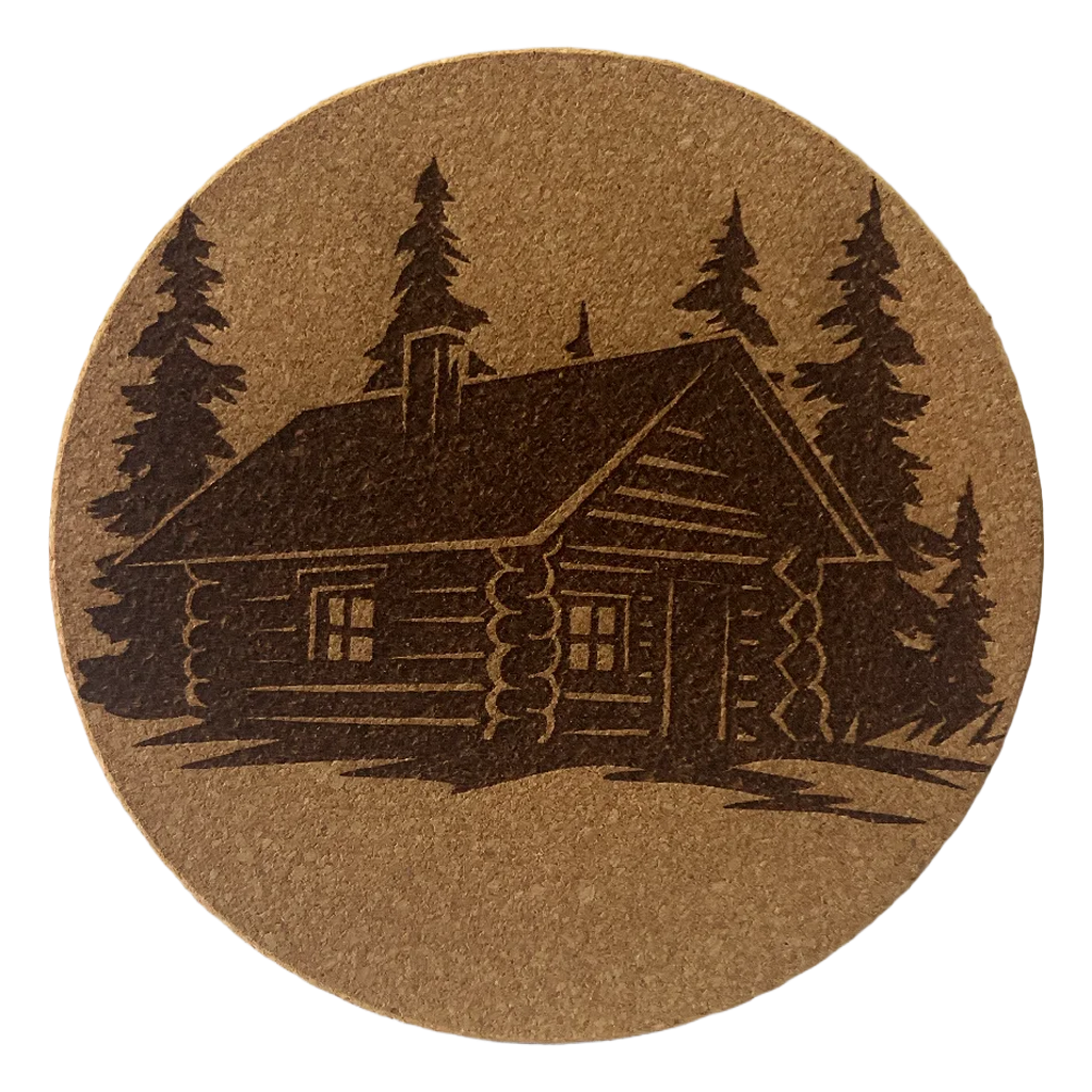 4 inch cork coaster – Log cabin among pine trees 31 - landscape theme