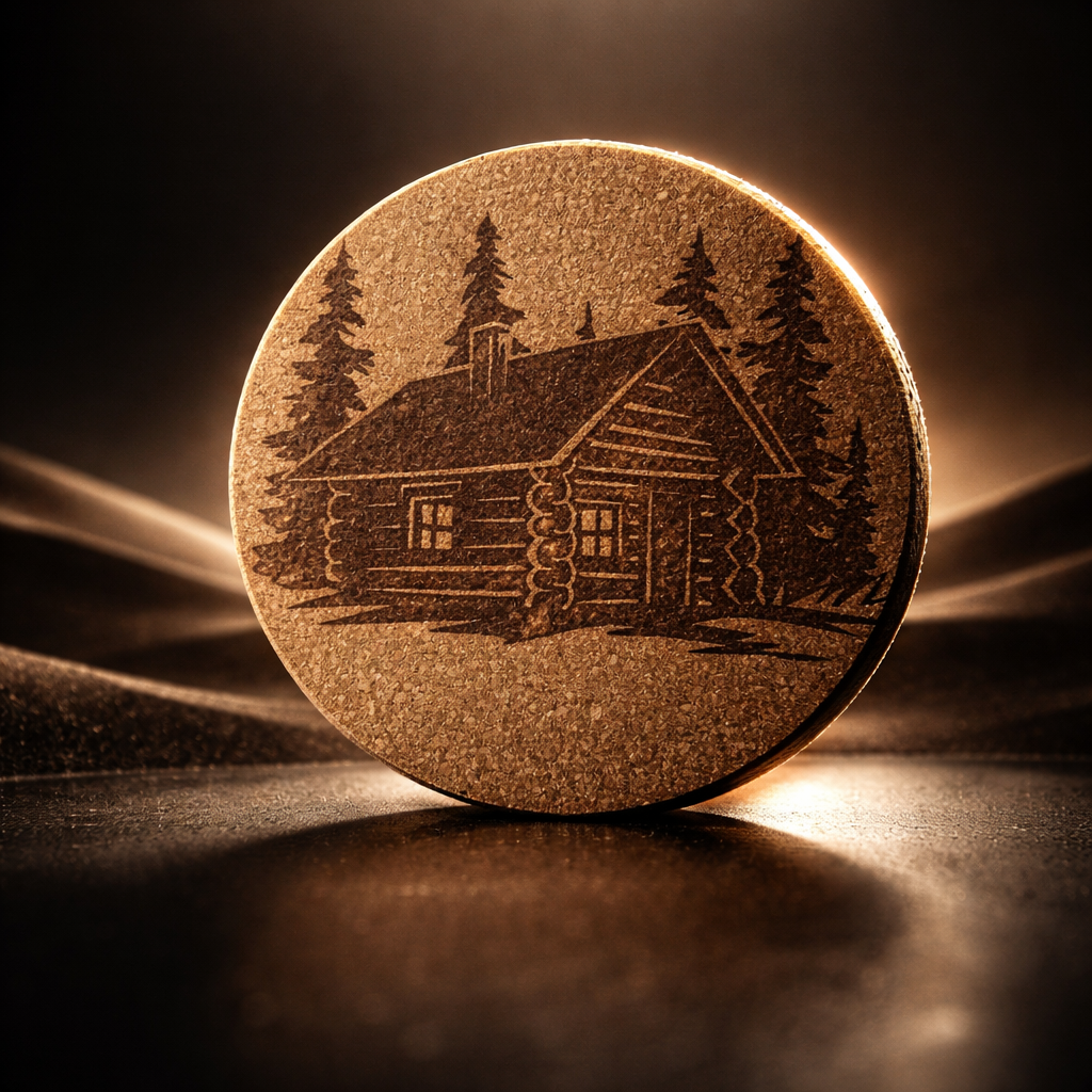 4 inch cork coaster – Log cabin among pine trees 31 - landscape theme