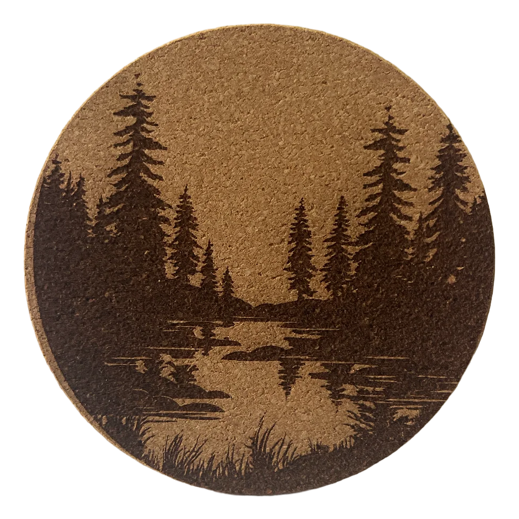 4 inch cork coaster –Forest landscape reflecting in lake 22 - landscape theme