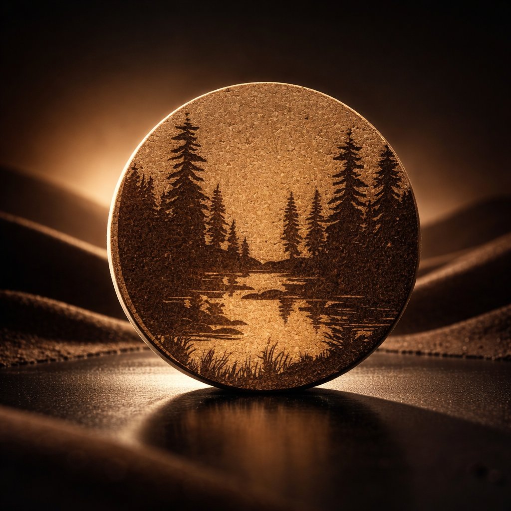 4 inch cork coaster –Forest landscape reflecting in lake 22 - landscape theme