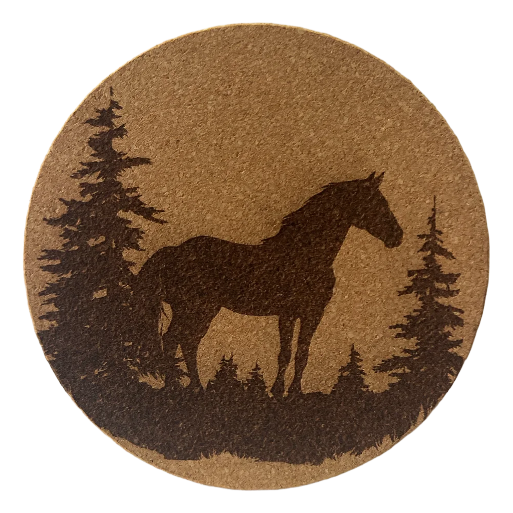 4 inch cork coaster –Horse among pine trees 50  - landscape theme