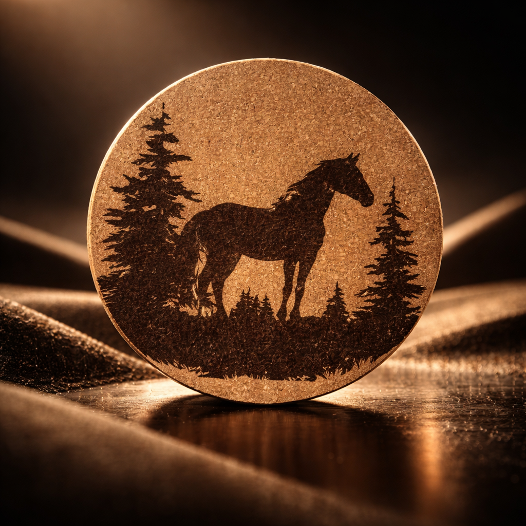 4 inch cork coaster –Horse among pine trees 50  - landscape theme