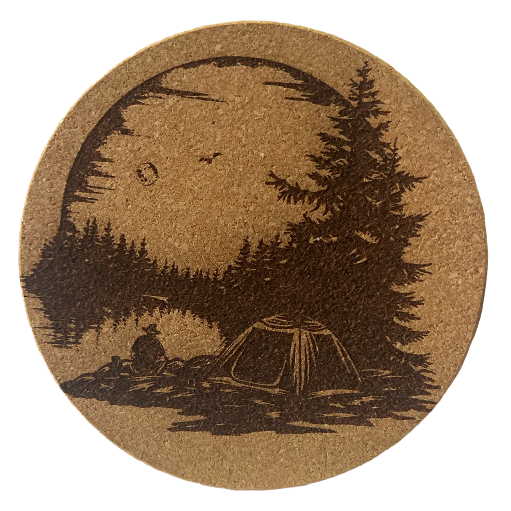 4 inch cork coaster –Tent by lake in mountains 93  - landscape theme