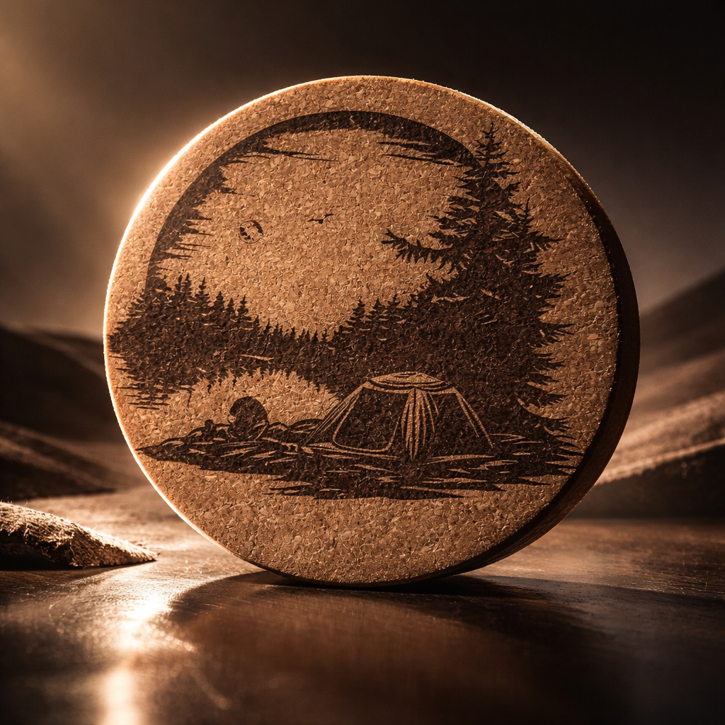 4 inch cork coaster –Tent by lake in mountains 93  - landscape theme