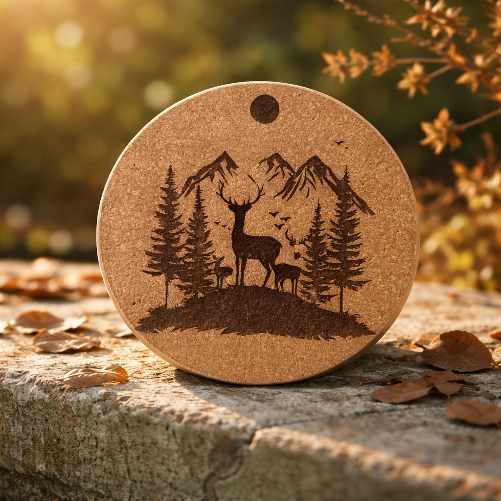 4 inch cork coaster – Forest landscape with deer 6  - landscape theme