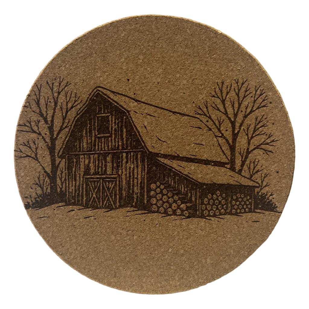 4 inch cork coaster – Rustic snowbound barn 31 - landscape theme