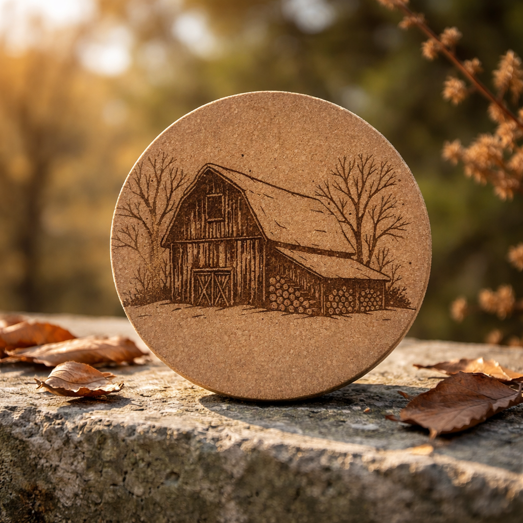4 inch cork coaster – Rustic snowbound barn 31 - landscape theme
