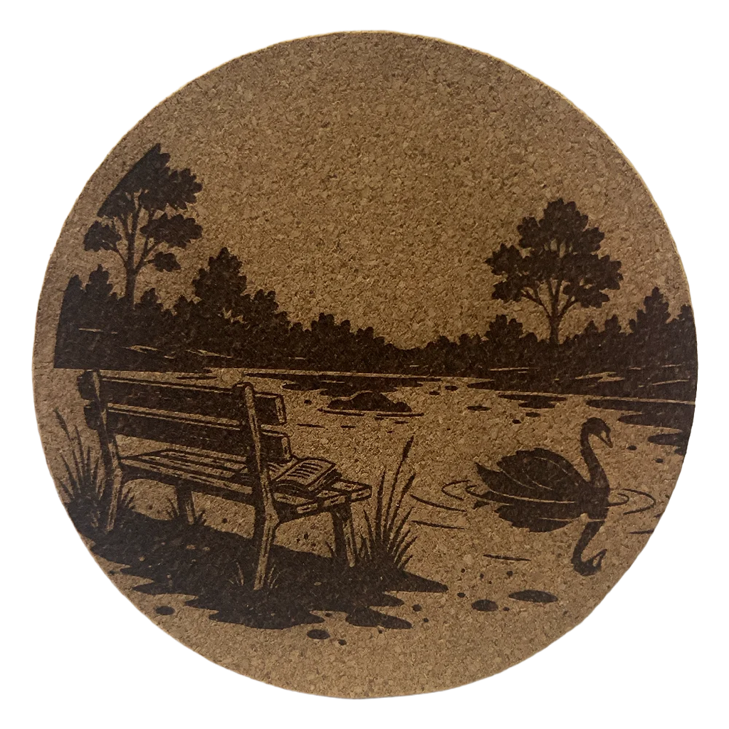 4 inch cork coaster – Pondside reading 4 - landscape theme