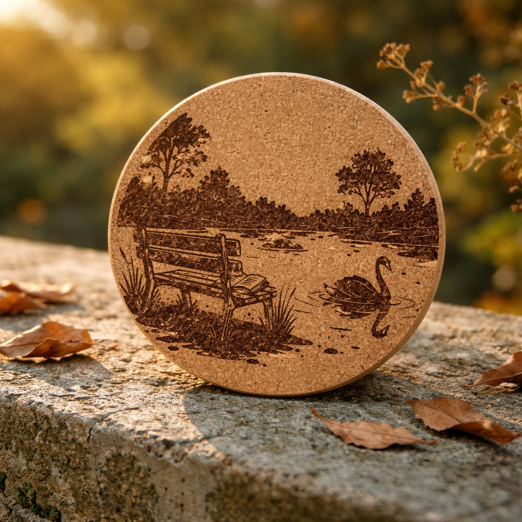 4 inch cork coaster – Pondside reading 4 - landscape theme