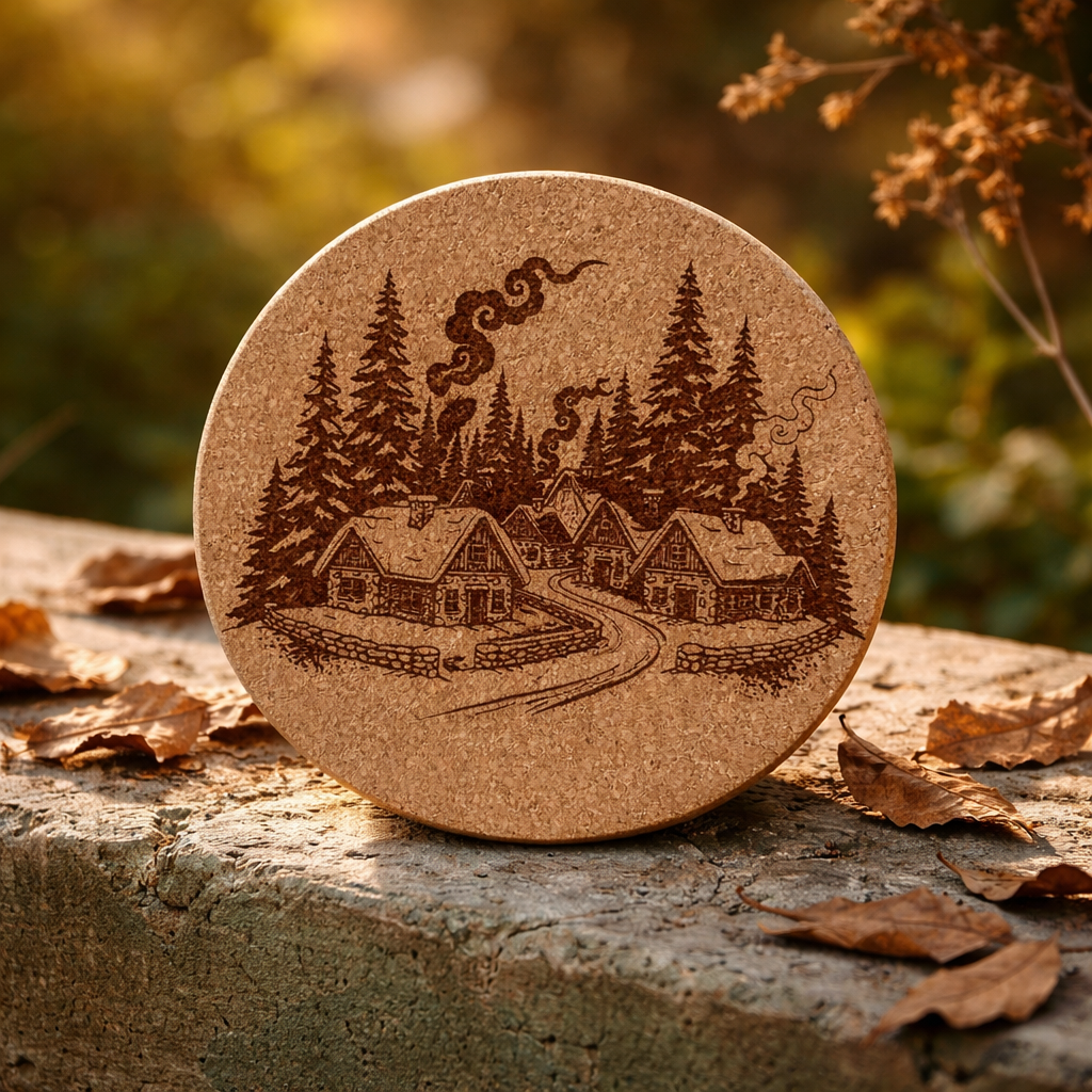 4 inch cork coaster – Alpine cottage cluster 53 - landscape theme