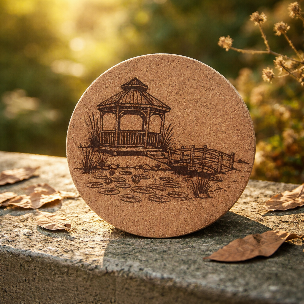 4 inch cork coaster – Gazebo by lily pond 55 - landscape theme