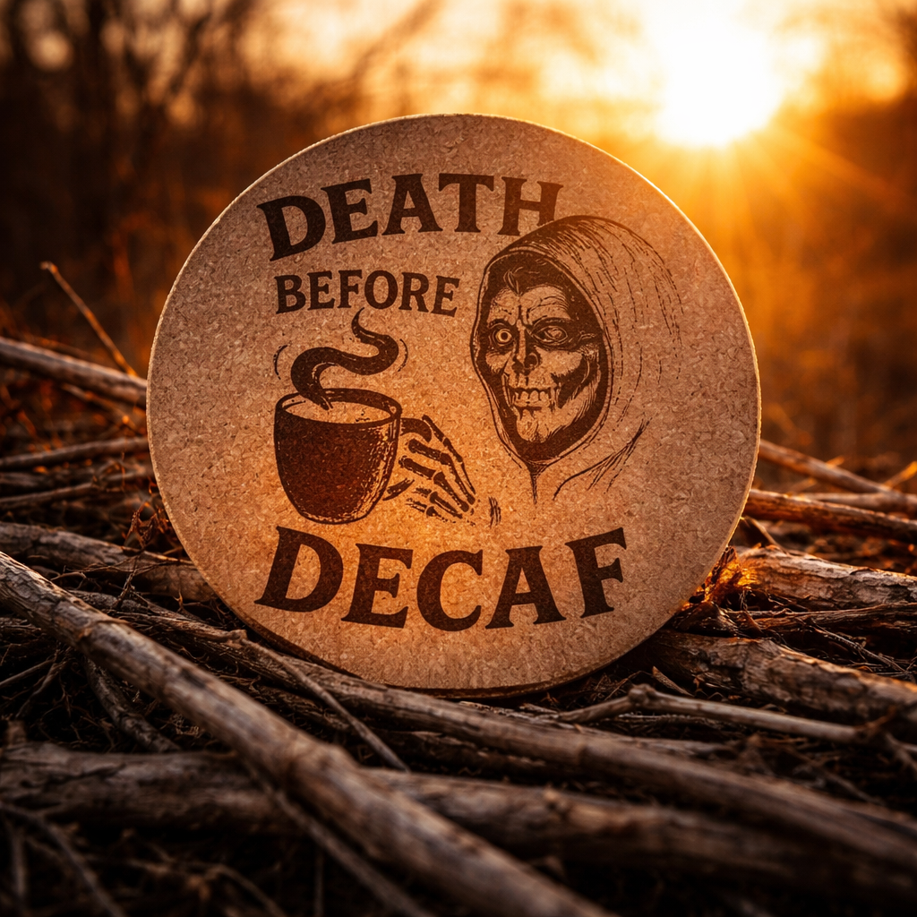 4 Inch Cork Coaster – Death Before Decaf – Funny Coffee Gift – Coffee Lover Coaster