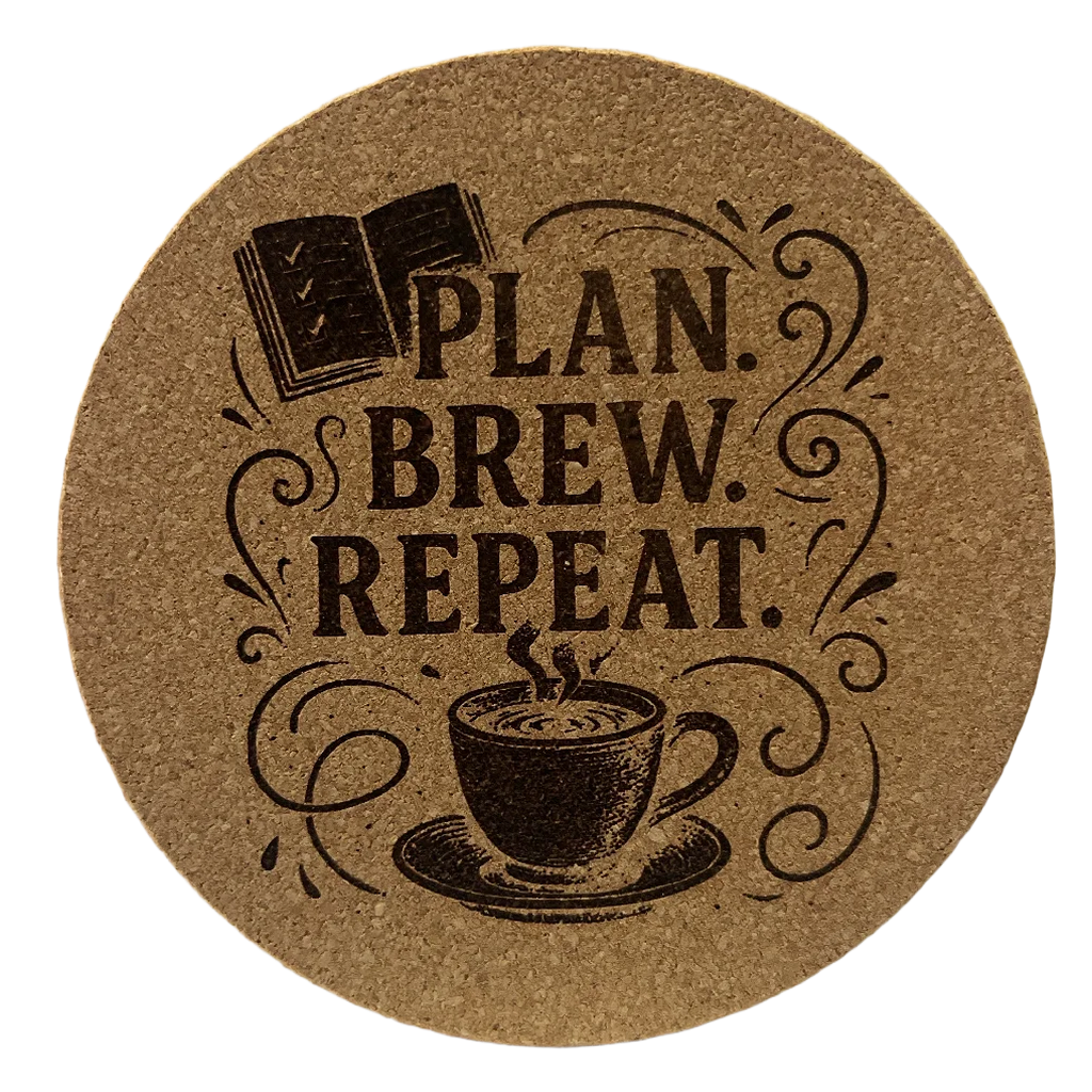 4 Inch Cork Coaster – Plan Brew Repeat – Funny Coffee Gift – Coffee Lover Coaster