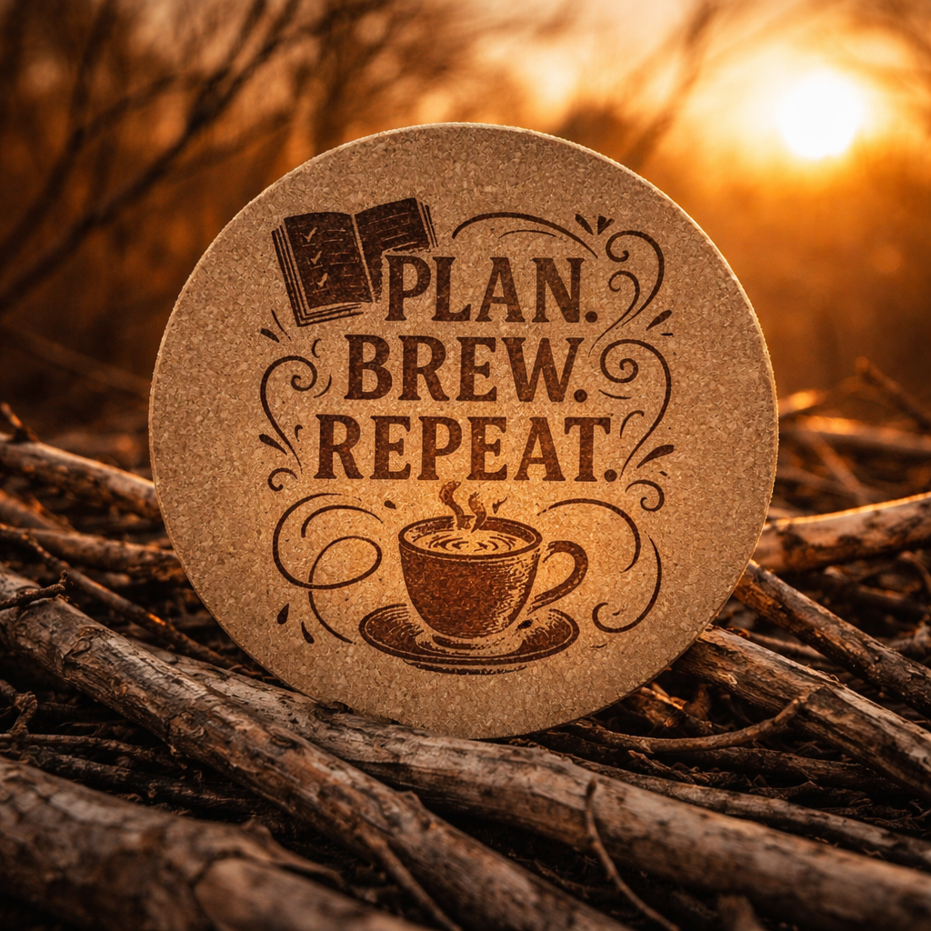 4 Inch Cork Coaster – Plan Brew Repeat – Funny Coffee Gift – Coffee Lover Coaster