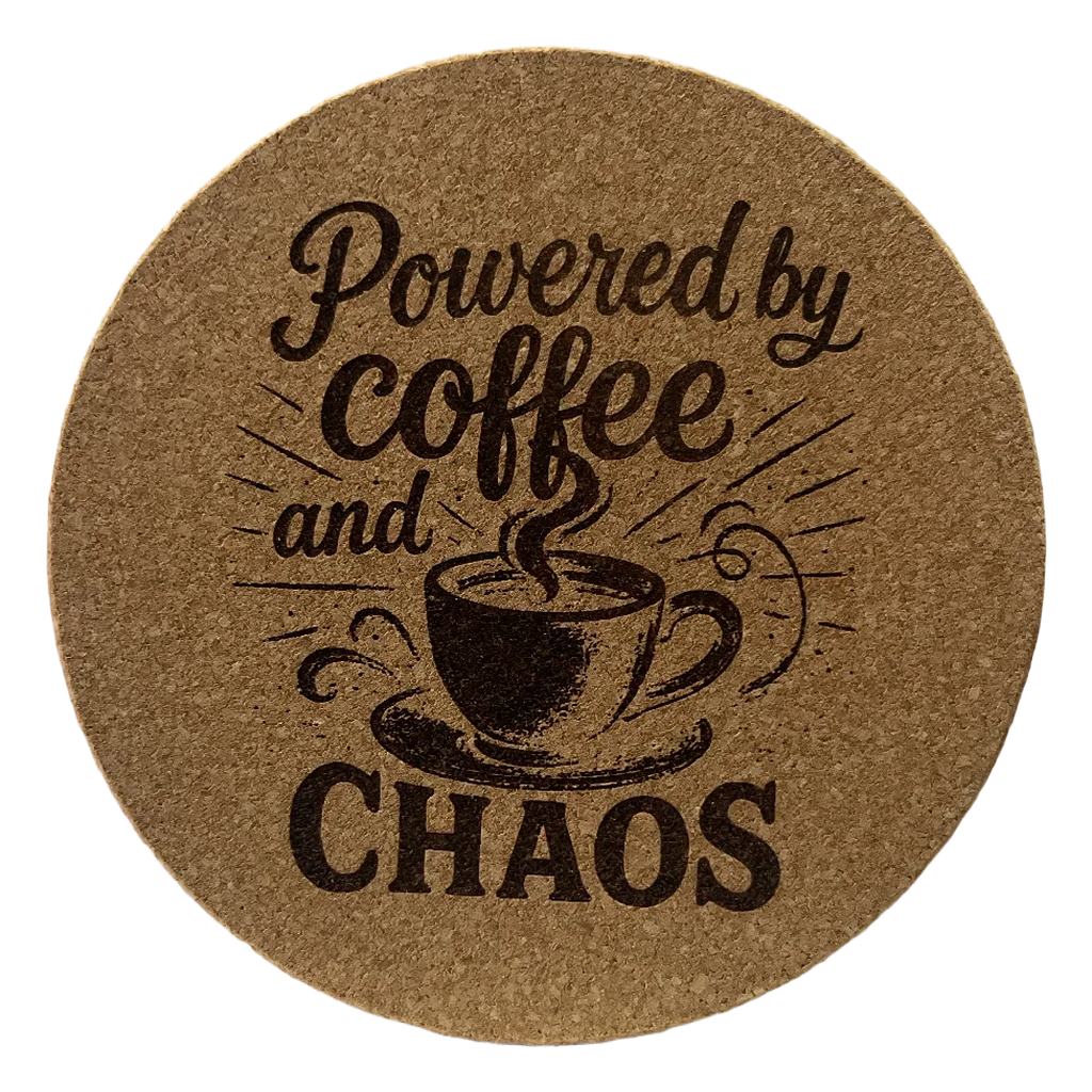 4 Inch Cork Coaster – Powered By Coffee And Chaos – Funny Coffee Gift – Coffee Lover Coaster