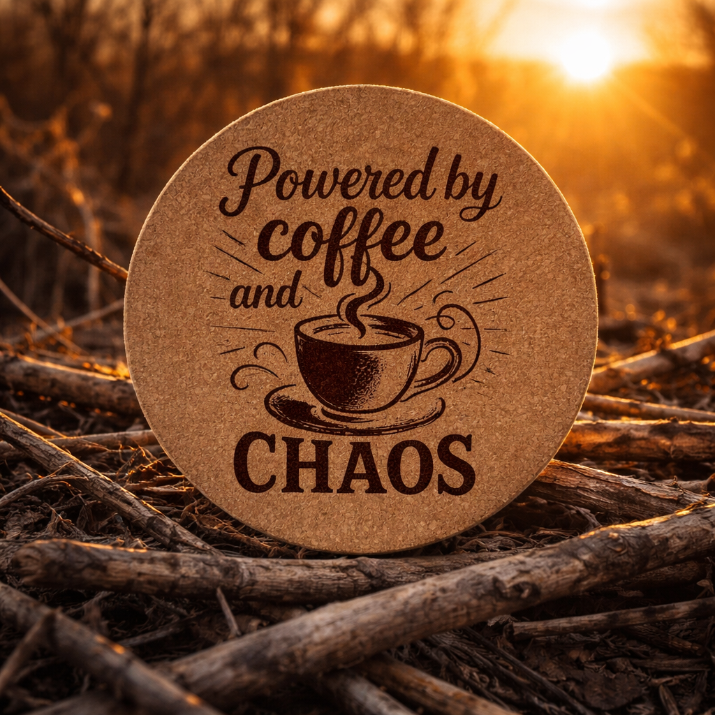 4 Inch Cork Coaster – Powered By Coffee And Chaos – Funny Coffee Gift – Coffee Lover Coaster
