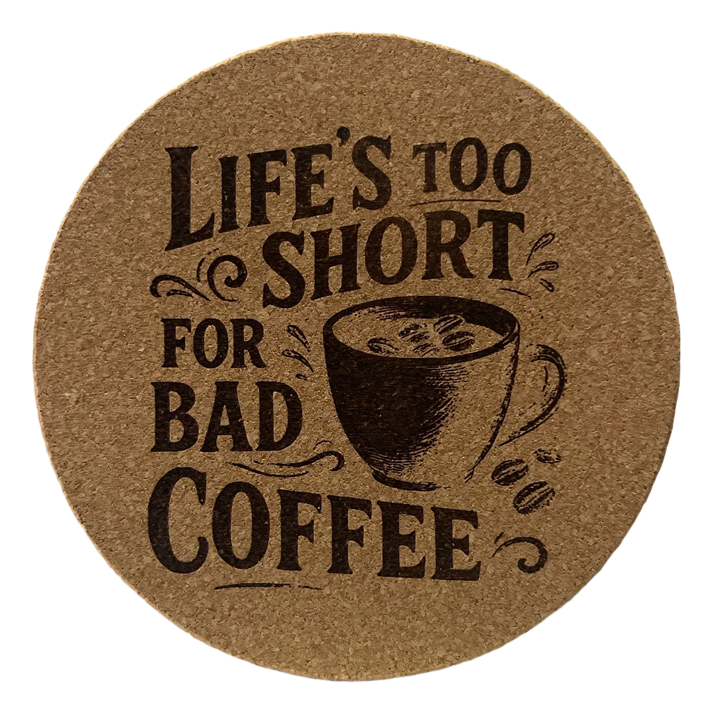 4 Inch Cork Coaster – Life’s Too Short for Bad Coffee – Coffee Lover Gift – Inspirational Coffee Coaster