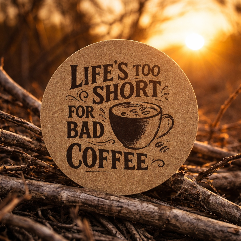 4 Inch Cork Coaster – Life’s Too Short for Bad Coffee – Coffee Lover Gift – Inspirational Coffee Coaster