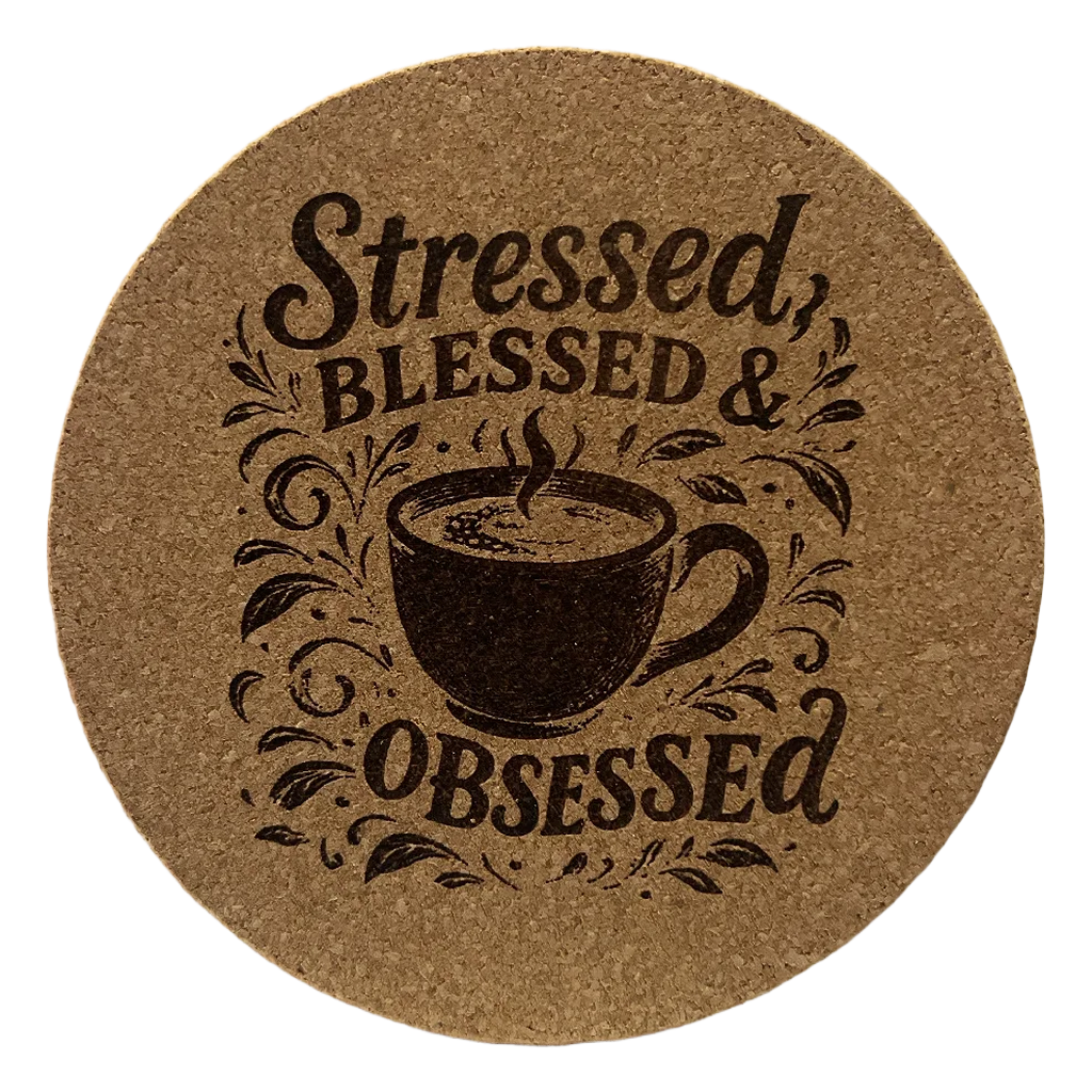 4 Inch Cork Coaster – Stressed Blessed and Coffee Obsessed – Coffee Lover Gift – Inspirational Coffee Coaster