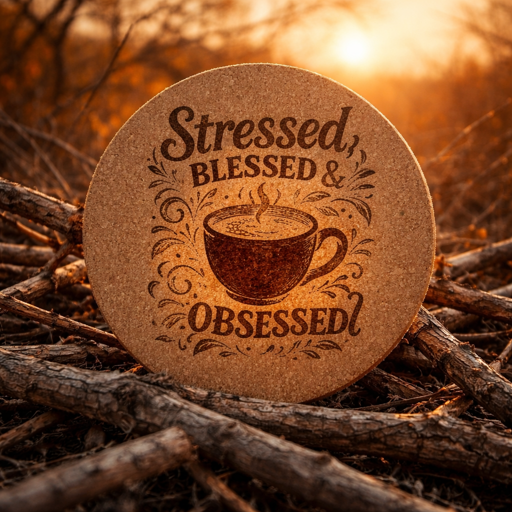 4 Inch Cork Coaster – Stressed Blessed and Coffee Obsessed – Coffee Lover Gift – Inspirational Coffee Coaster