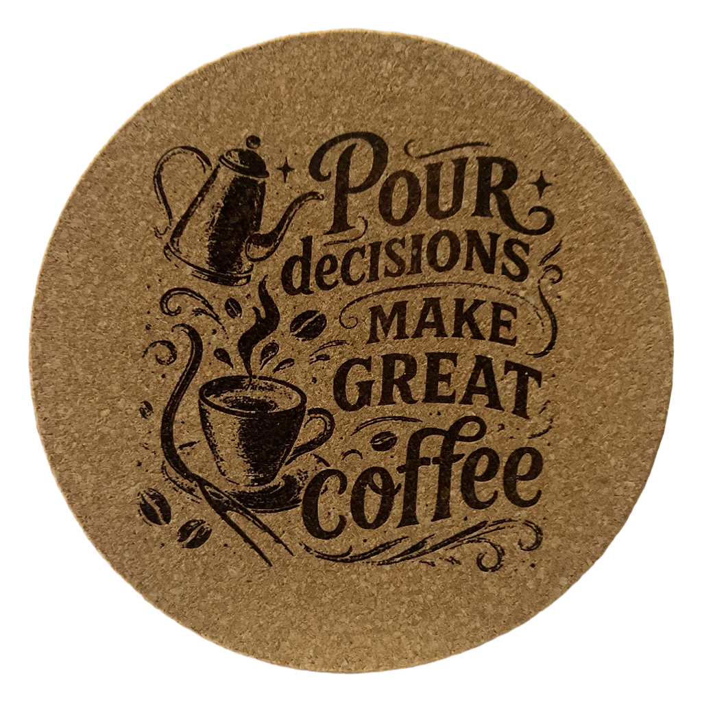 4 Inch Cork Coaster – Pour Decisions Make Great Coffee – Funny Coffee Gift – Coffee Lover Coaster