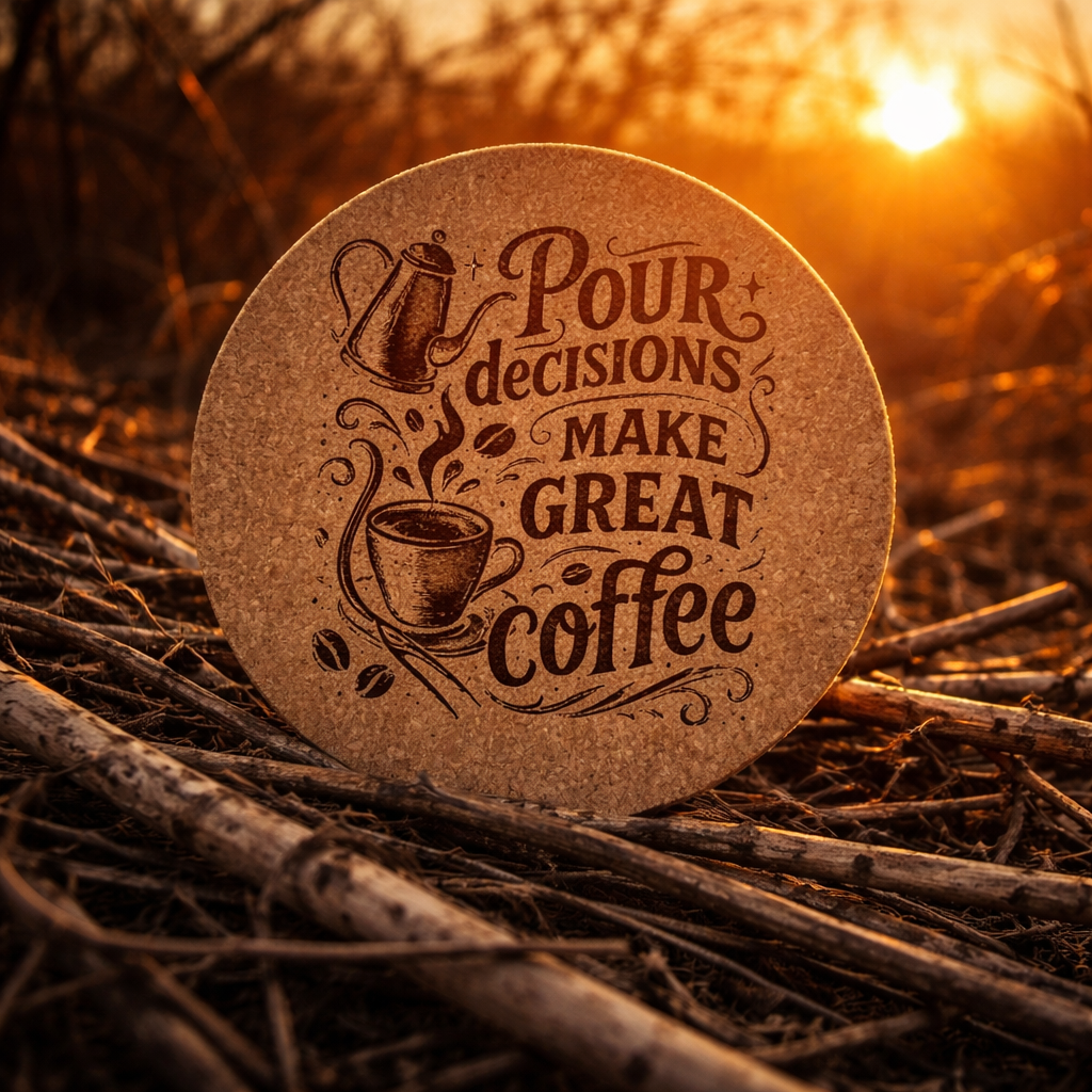 4 Inch Cork Coaster – Pour Decisions Make Great Coffee – Funny Coffee Gift – Coffee Lover Coaster