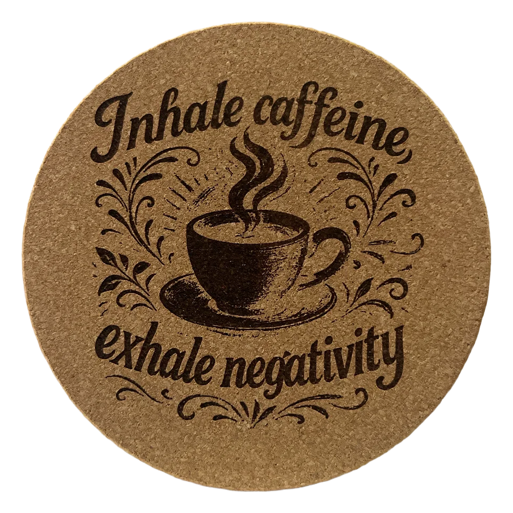 4 Inch Cork Coaster – Inhale Caffeine Exhale Negativity – Coffee Lover Gift – Inspirational Coffee Coaster
