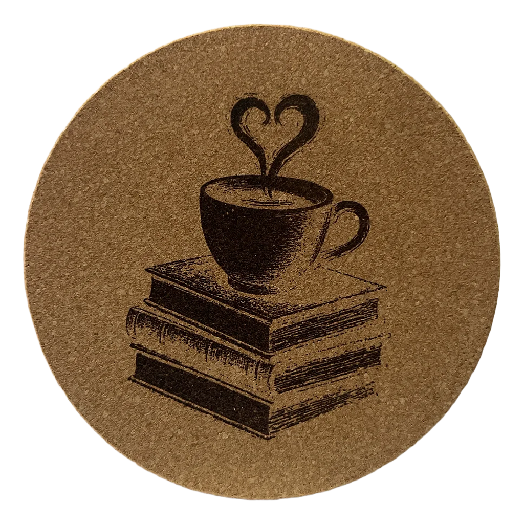 4 Inch Cork Coaster – Coffee Cup With Heart On Books Design – Coffee Lover Gift – Book Lover Coaster