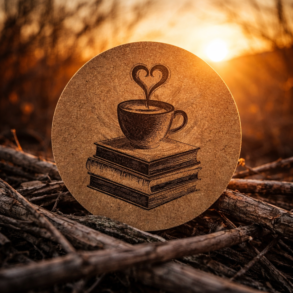 4 Inch Cork Coaster – Coffee Cup With Heart On Books Design – Coffee Lover Gift – Book Lover Coaster