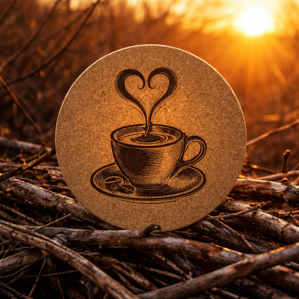 4 Inch Cork Coaster – Coffee Cup With Heart Steam Design – Coffee Lover Gift – Cute Coffee Coaster