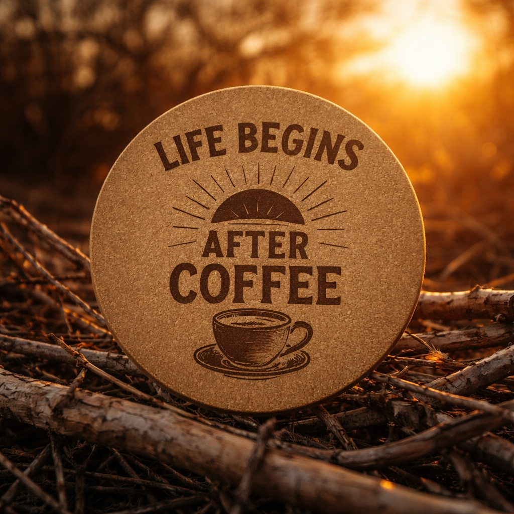 4 Inch Cork Coaster – Life Begins After Coffee – #2 Coffee Lover Gift – Inspirational Coffee Coaster