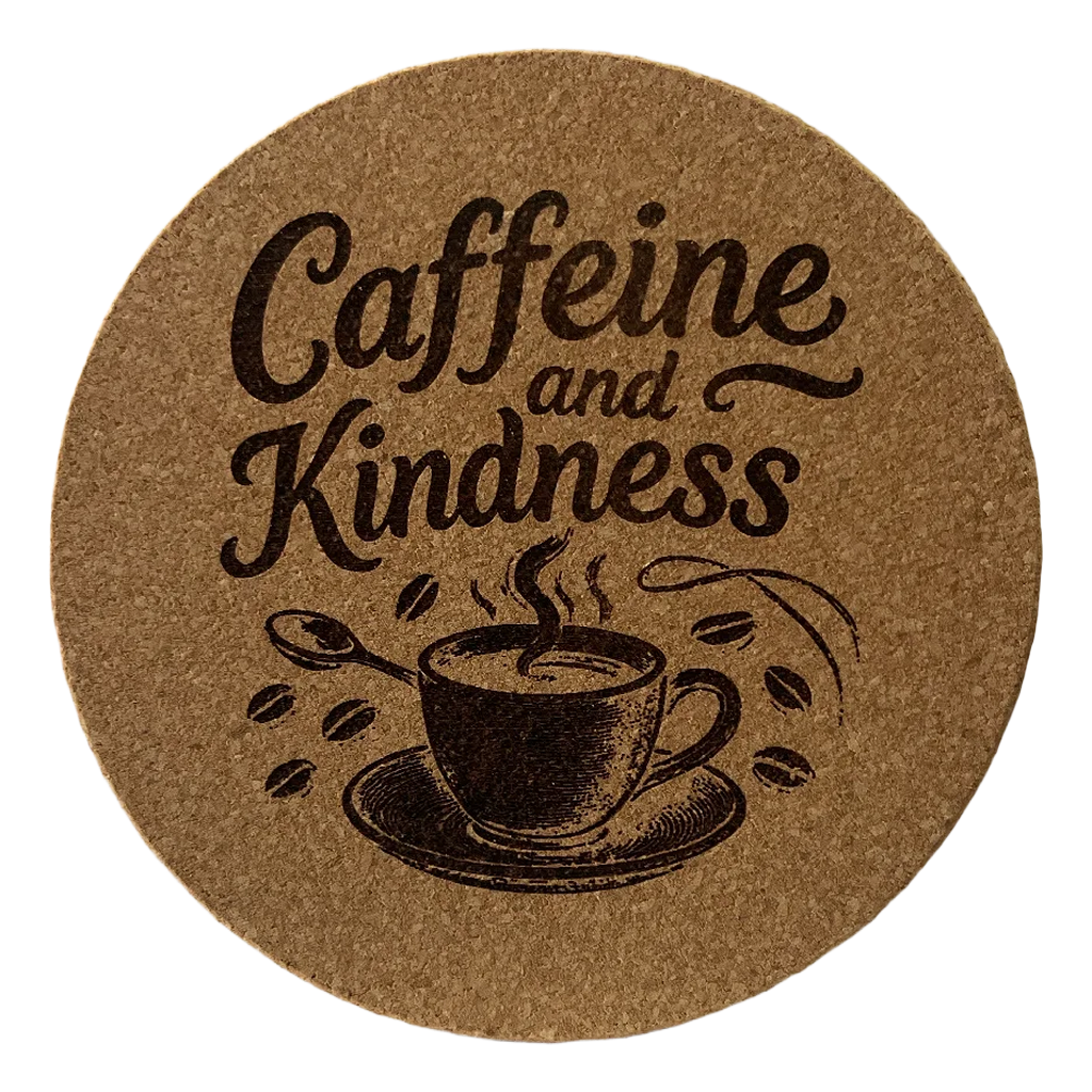4 Inch Cork Coaster – Caffeine And Kindness – Coffee Lover Gift – Inspirational Coffee Coaster