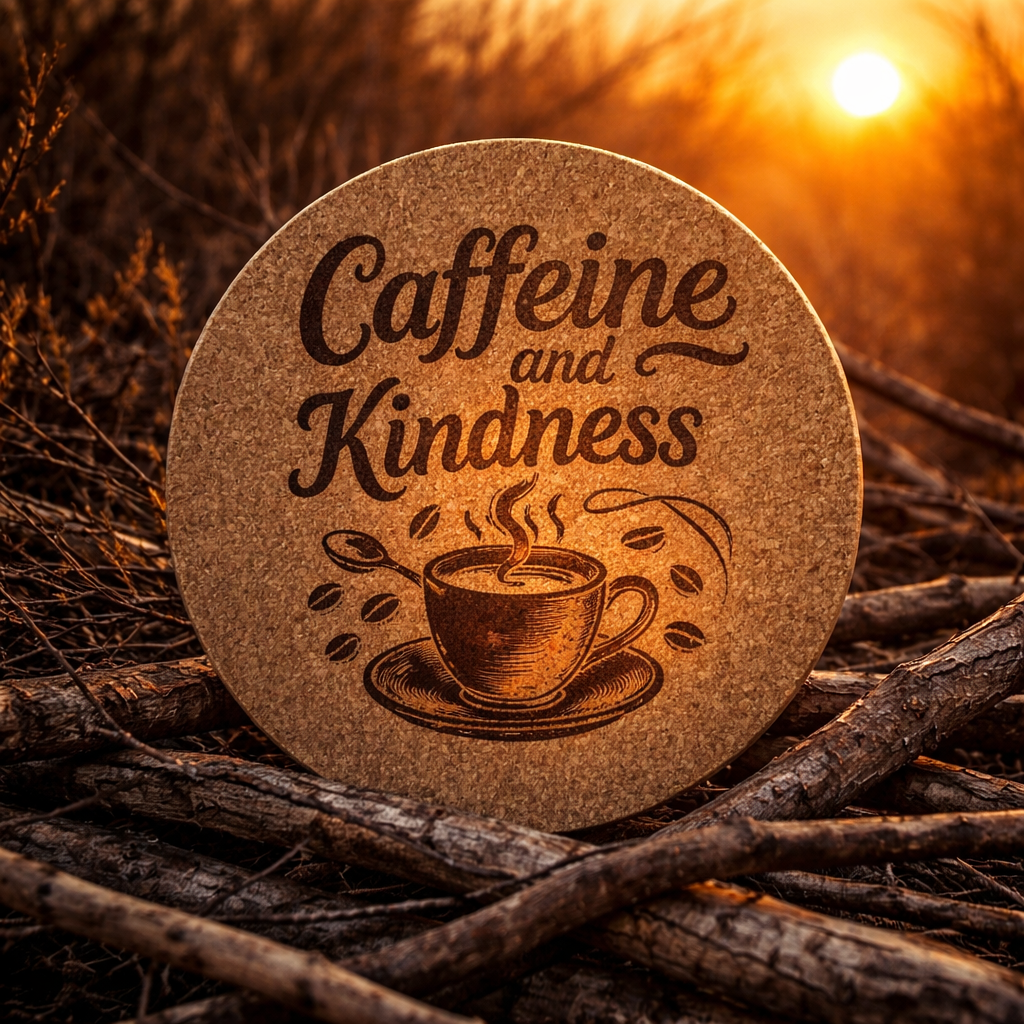 4 Inch Cork Coaster – Caffeine And Kindness – Coffee Lover Gift – Inspirational Coffee Coaster