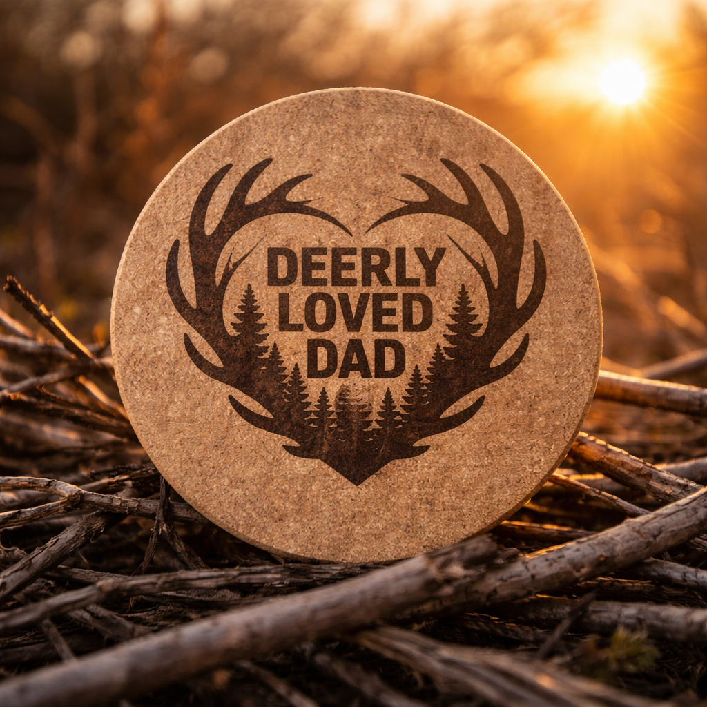 4 inch cork coaster – Deerly Loved Dad- Dad theme