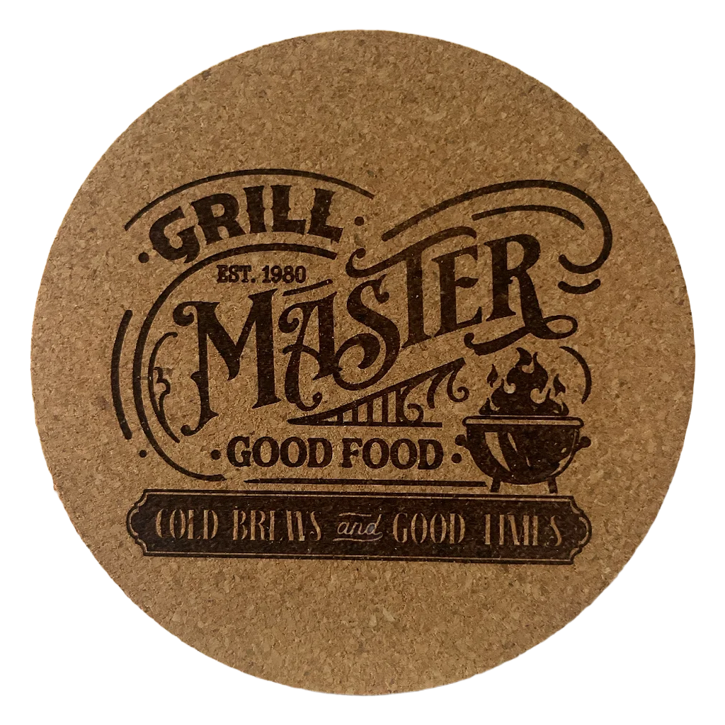 4 inch cork coaster – Grill Master Cold Brews Good Times– Barbecue and Grilling theme
