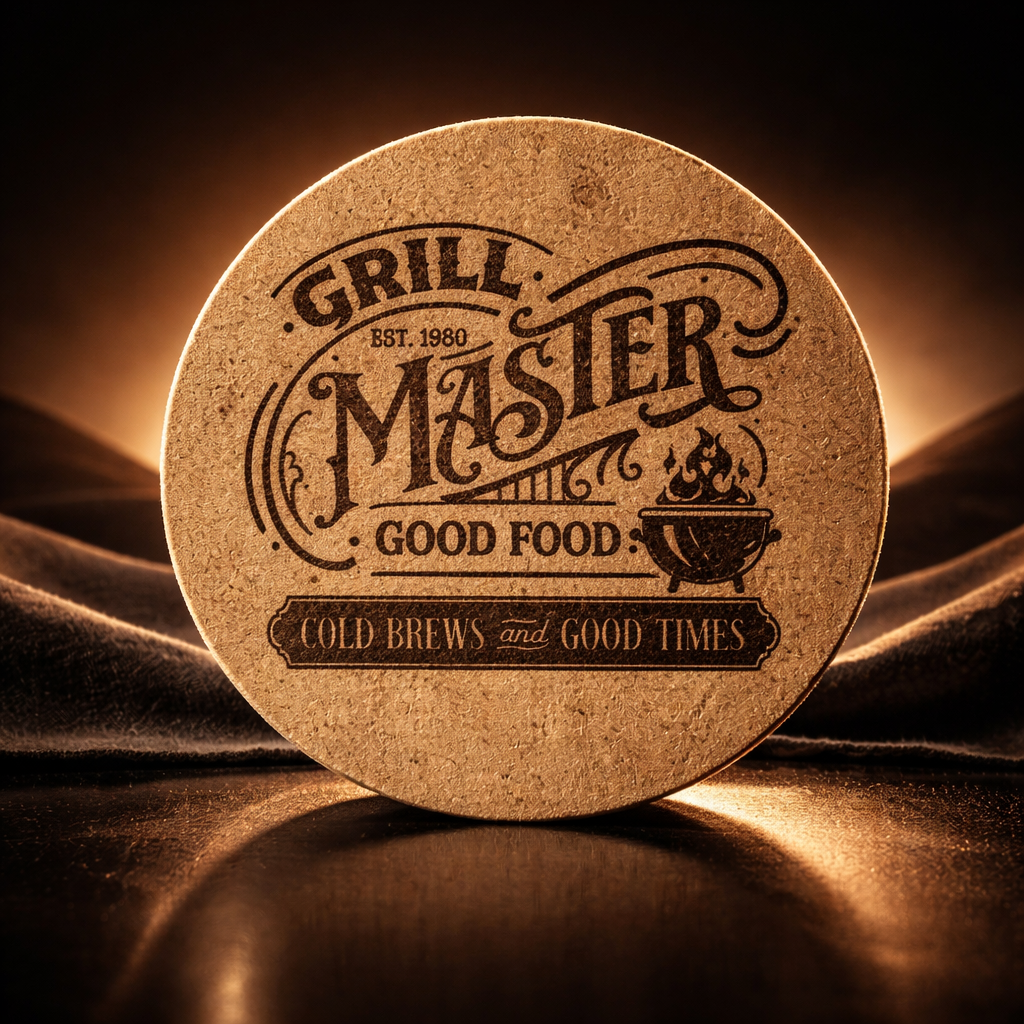 4 inch cork coaster – Grill Master Cold Brews Good Times– Barbecue and Grilling theme