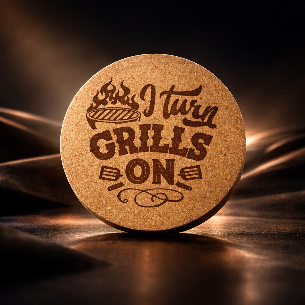 4 inch cork coaster – I Turn Grills On – Barbecue and Grilling theme