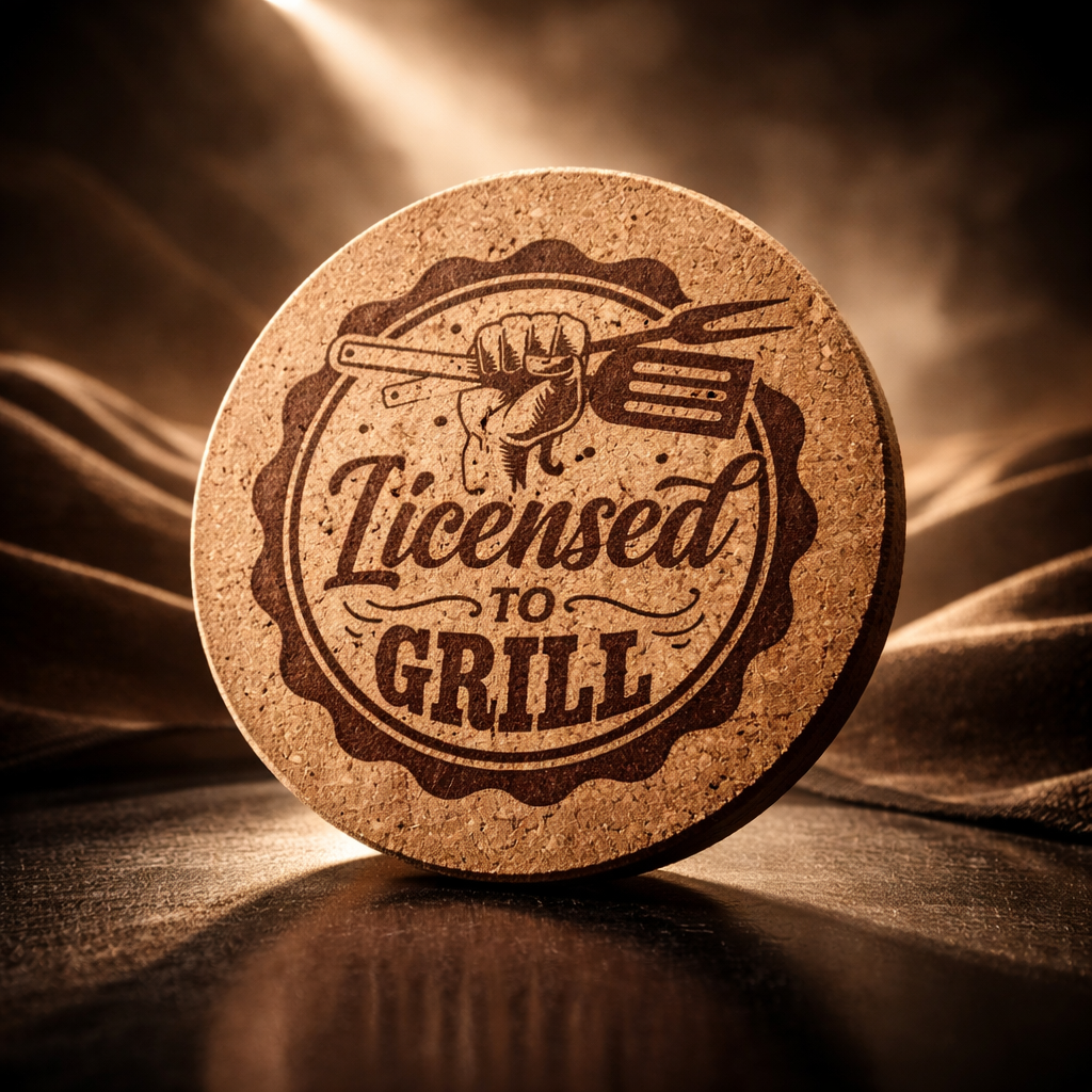 4 inch cork coaster – Licensed to Grill – Barbecue and Grilling theme