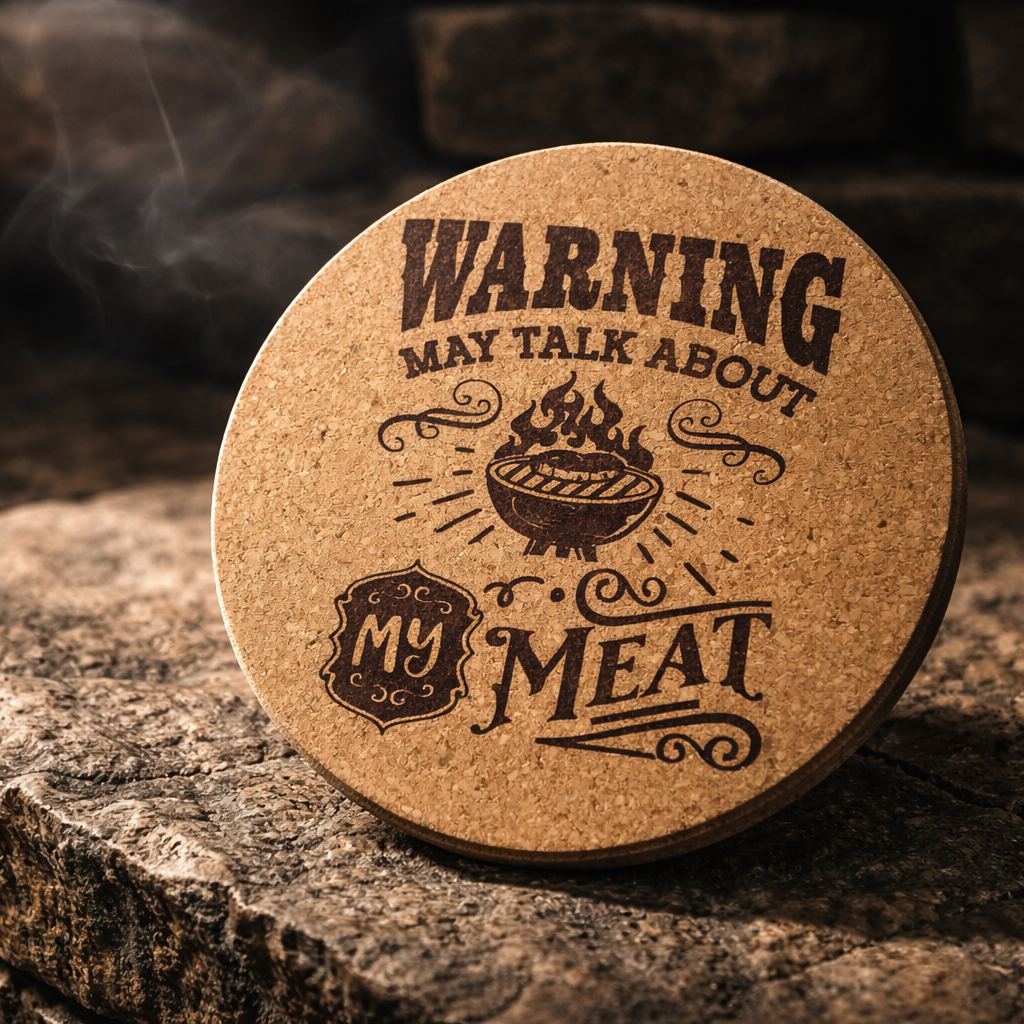 4 inch cork coaster – Warning May Talk About My Meat – Barbecue and Grilling theme