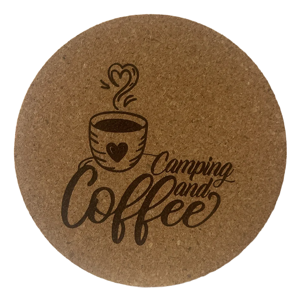 4 inch cork coaster – Camping and Coffee – Camping theme