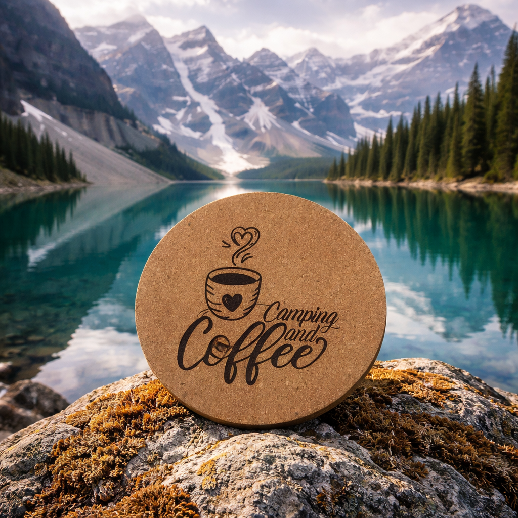 4 inch cork coaster – Camping and Coffee – Camping theme