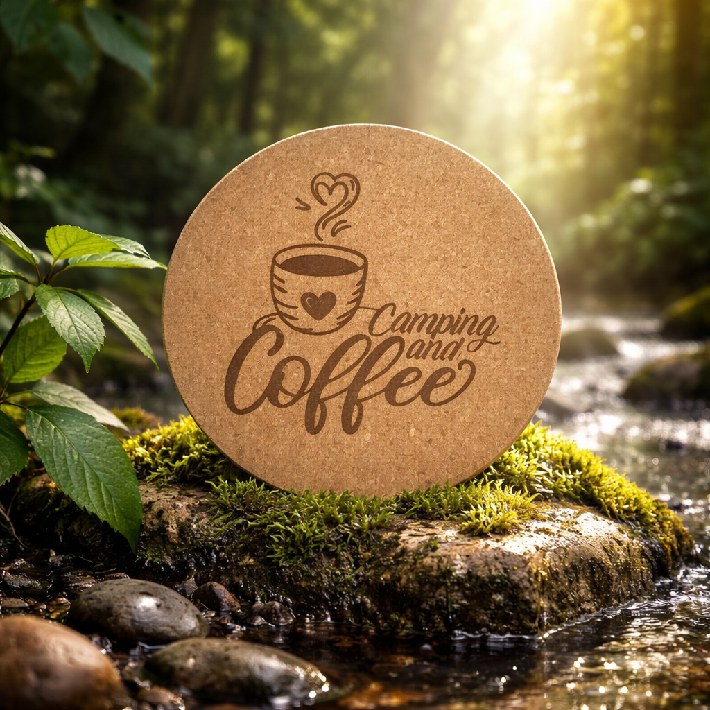 4 inch cork coaster – Camping and Coffee – Camping theme