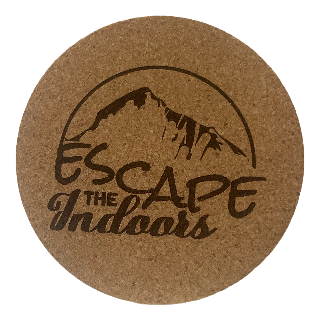 4 inch cork coaster – Escape The Indoors – Camping theme